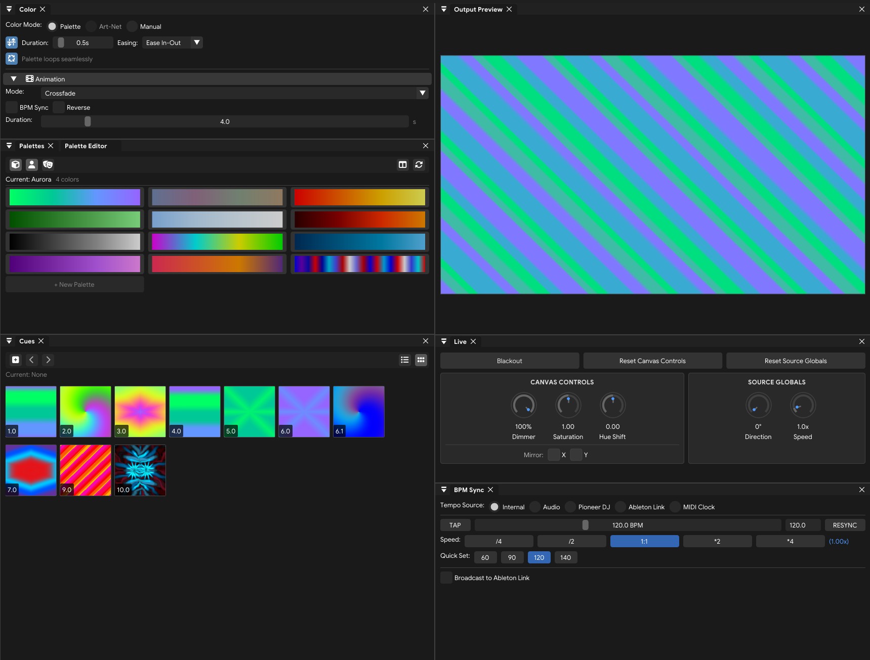 FXCanvas busking view with global color, dimmer, speed, and direction control