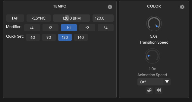 FXCanvas Live panel tempo section with tap tempo, BPM modifiers, and quick set buttons